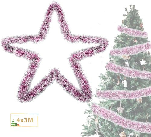 Lametta Weihnachtsbaum Rosa & Weiß 4X 3M Girlande Weihnachten Lametta Ø 9 cm,Glänzend Weihnachtsgirlanden Tannengirlande Weihnachtsbaumschmuck Rosa Weihnachtsdeko Christbaumschmuck Girlande