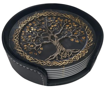 Coasters Set Of 6, Coasters For Drinks With Holder, Leather Drink Coaster Coffee Table Bar Beer Wine Cup House Warming Gifts - Tree Of Life Celtic Spiritual Space Design