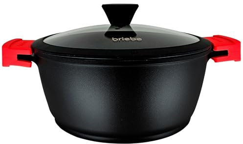 briebe Black Titanium Cacerola Cocina Inducción Antiadherente Titanio, Cazuela 20cm, Aluminio Fundido, Recubrimiento sin PFOA, Tapa Cristal, Asas Silicona Extraíbles, Vitrocerámica, Gas, Horno