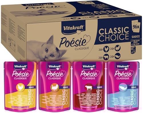 Vitakraft Poésie Classique, Vorratspackung, Nassfutter Katze, Katzennassfutter in Sauce, mit Huhn, mit Truthahn, mit Rind, mit Lachs, ohne Zusatz von Zucker und Getreide (1 Paket mit 96x 85g)