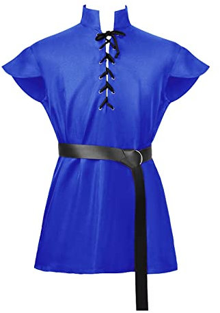 Foweknow Halloween Costume Men's Lace-up Shirt Pirate Shirt Vintage Pullover Traditional Knight Vest Clothing Gothic Renaissance Outfits Carnival Cosplay Top with Belt, blue, XXL