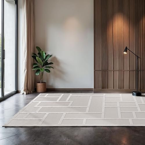 SIMPEX Indoor Outdoor Teppich wetterfest 140x200 cm, 3D Optik, Kariert-Boho Design, waschbar, wetterbeständiges, Natur Creme Farbe, Wohnzimmer, Schlafzimmer, Terrassenteppich