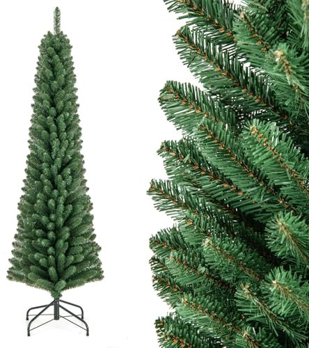 GYMAX 5FT 6FT 7FT 8FT Green Pencil Slim Christmas Tree, Artificial Traditional Xmas Tree, Indoor Outdoor Christmas Decoration (6 ft with 392 Tips)