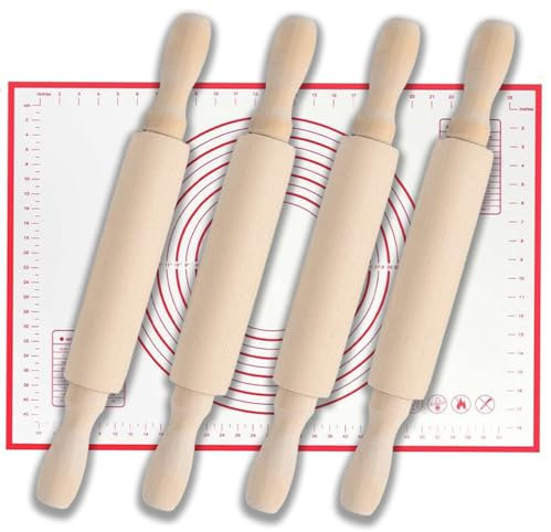 Kids Rolling Pin and Silicone Baking Mat Set, Professional Wood Rolling Pin and Pastry Mat, Classic Rolling Pins with Handles is Perfect for Making Bread, Cookies, Tortillas, Pasta, and Pizza…