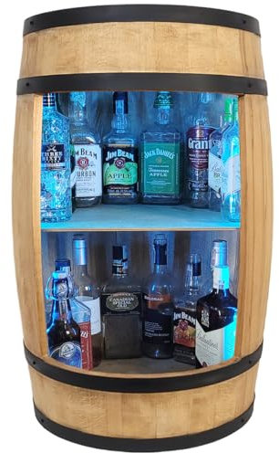 Rustikaler Weinfass Bartisch mit LED-Beleuchtung 80 x 50 cm Holzfass Möbel für Alkohol Schrank Flasche S und Weinprobe Events