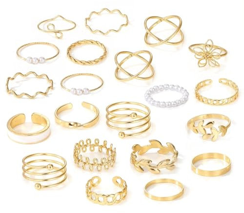 21 Stück Ringe Gold Damen Frauen, Boho Goldener Stapelringe Daumenring Fingerring Stapelbarer Knuckle Ringe Blumen Blatt Ring Perlenring Statement Ring Schmuck für Damen Mädchen (Gold Set 2)
