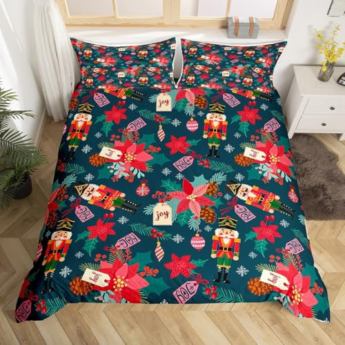 Loussiesd Christmas Nutcracker Bedding Set Super King Size Merry Christmas Bedding Duvet Cover Set Pink Xmas Deer Elk Decor Comforter Cover Set Bedspread Cover Soldier Fairy 3Pcs