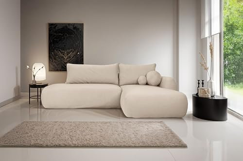 Kaiser Möbel - Ecksofa mit Schlaffunktion und Bettkasten - Eckcouch Groß, XXL, Big Sofa 300x190 cm - Sofa L Form, für Wohnizmmer, Dauerschläfer - Fabo, Boucle Stoff Quelle, Rechts, Hellbeige