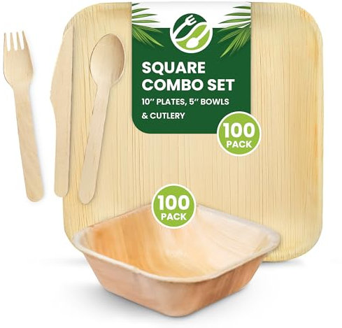 Eco Leaf 500pcs Disposable Palm Leaf Plates, Bowls and Wooden Cutlery Set – 100 Large Square Plates, 100 Bowls, 100 Forks, Knives and Spoons – Eco-Friendly, Oven Safe, Ideal for Parties