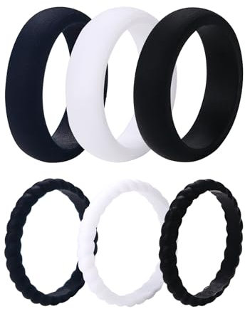 OIDEA Damen Silikon Gummi Ring: 6 Stück sportlicher silikonring Set aus Silikon Cool stapelbar Verlobungsringe in Schwarz Weiß Farbe Schmuck Geschenk für Frauen Mädchen Größe 57