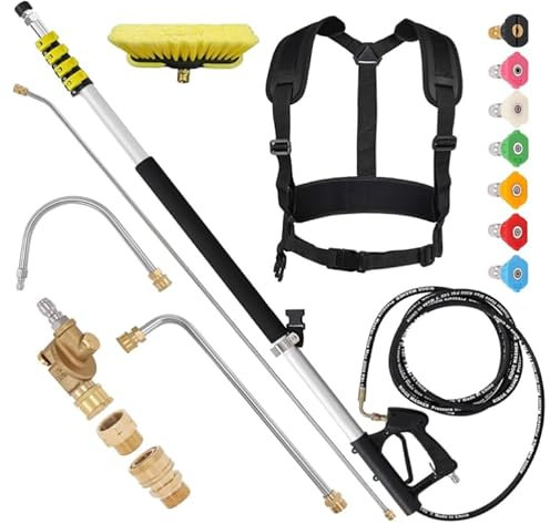 24 FT Pressure Washer Telescoping Wand - Pressure Washer Extension Wand with Brush Head, Gutter Cleaner, 7 Spray Nozzle Tips, 3 Hose Adapters and Support Belt, Gutter Cleaning Tools