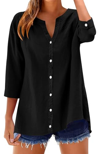 Rapbin Womens Cotton Linen Blouse 3/4 Length Sleeve Button Down V Neck Casual Tops Loose Fit Roll Up Sleeves Dressy Tunic Tops(Black,XL)