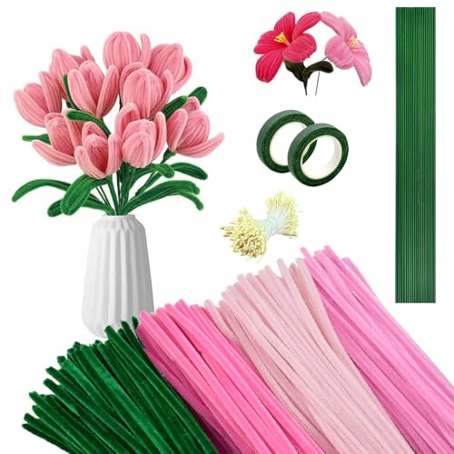 Huucozn 400 PCS Limpiadores de Pipas de 4 Colores, Limpiapipas Manualidades Flores 6mmx30cm, Alambre Chenilla Manualidad y Decoracion, Kit para Hacer Ramo de Flores con Estambres, Tallos y Cintas