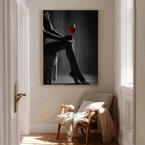 MHLCMG Femme Verre à Vin Noir Blanc Jambe Sexy Affiche Impression sur Toile Tableau Art Peintures Murale pour Salon Chambre Tableau Decoration (60X80CM,A-Sans Cadre)