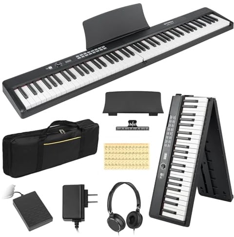 STRICH Digitalpiano 88 Tasten, faltbares E-Piano mit halbgewichteter Tastatur, tragbares Keyboard für Anfänger inkl. Sustainpedal, Kopfhörer und Notenhalter, SEP-88F
