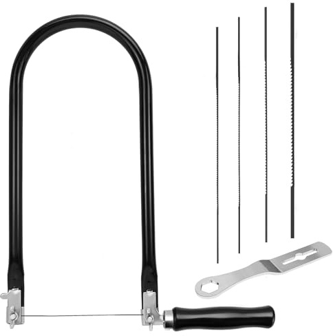 Laubsäge Set inkl. 4 Sägeblätter(4#6#8#10#) Montageschlüssel und Laubsägebogen für Metall und Holz Eisensäge Klein 360 Grad Drehbar mit Holzgriff Präzise Schnitte Feinsäge Holzarbeiten Schwarz