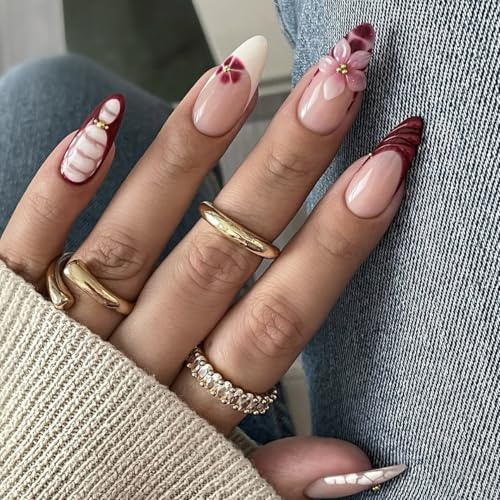 Faux Ongles Court MouyouGlow,Amande Bordeaux Rouge Foncé Marbre French 3D Fleurs Florales Or Beads Striped Design Press on Nails,Dark Wine Red Tips Flowers Automne Hiver INS Fake Nails