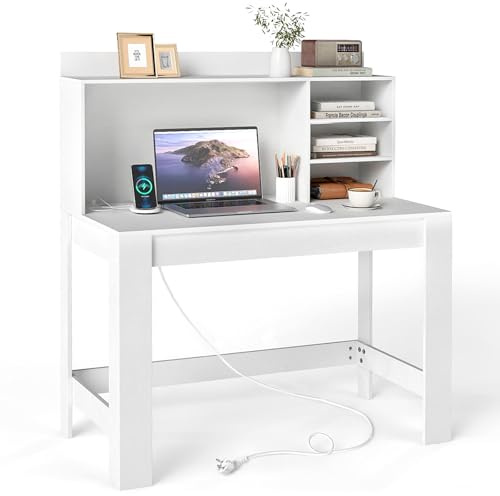 FANTASK Schreibtisch Holz mit Regal, 108 x 60 x 125 cm, Arbeitstisch mit integrierter Ladestation, Steckdose, Aufsatz & offenen Fächer, Computertisch für Zuhause & Büro (Weiß)