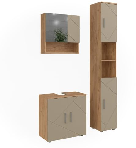 Vicco Badmöbel-Set Irma, Beige, 60 cm | besteht aus Waschbeckenunterschrank, Spiegelschrank und Hochschrank