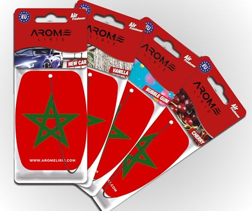 Désodorisant Voiture Maroc – Drapeau Marocain – Lot de 4 – New Car, Vanille, Bubble Gum, Cerise