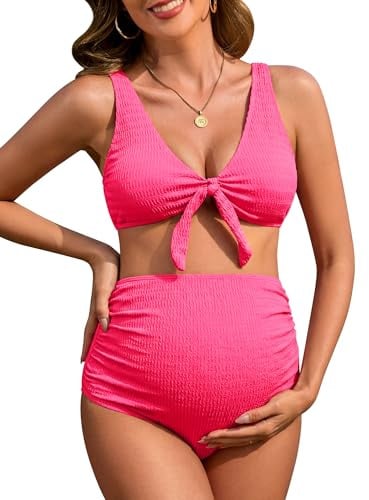 FEOYA Bikini Maillot de Bain 2 Pièces Maternité Shorty Taille Haute Femmes Tankini Maternité Enceintes Grossesse Col en V Chic Plage Natation XS-L