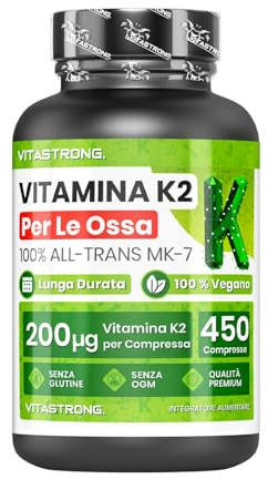 Vitamin K2 MK7 200µg Vitastrong Vegan, 1 Tablette/Tag (15-Monats-Vorrat) 450 Tabletten, All-Trans MK-7 Hohe Bioverfügbarkeit, Vitamin K2 (Menachinon), Gluten- Laktos- Gentechnikfrei, Premium Qualität