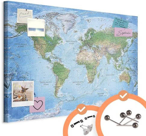Pinnwand B&D XXL - Weltkarte zum pinnen - Pinnwand & Leinwandbild 120x80 cm 1 Teilig Kunstdruck modern Wandbilder XXL Wanddekoration Design Wand Bild - Landkarte Lernkarte k-A-0127-v-a
