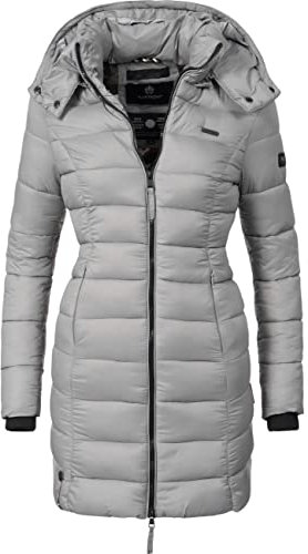 MARIKOO Damen Langer Wintermantel Warmer Steppmantel mit Abnehmbarer Kapuze Abendsternchen Grau Gr. XL