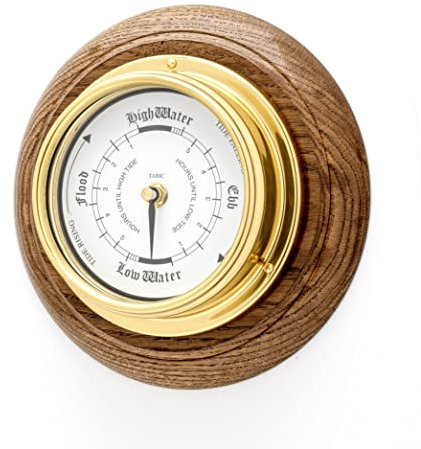 Classic Tide clock on English oak mount, Heavy Lacquered Brass (1/2kg), Nautical Tidal Fishing Coastal Clock, Gift, English Oak, Handmade in England