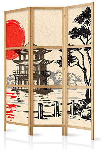 murando - Paravent Raumteiler Holz Japan Orient, 135x172 cm, 3-teilig, Büro | Mobiler Sichtschutz, sofort einsatzbereit, Holzrahmen, ideal fürs Wohnzimmer oder Büro, geruchsneutral, lichtbeständig