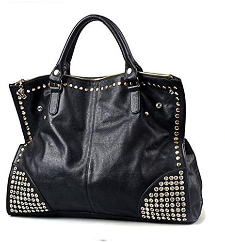 FiveloveTwo Damen Handtasche Griff Tasche Schultertaschen Shopper Umhängetaschen Punk Nieten Schwarz Geldbörse Handtasche