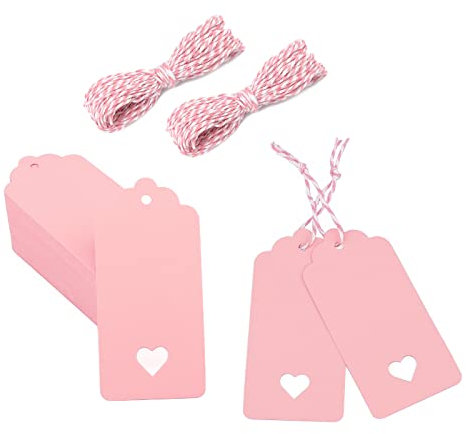 jijAcraft 100 Stück Geschenkanhänger Hochzeit, Rosa Anhänger Kraftpapier Etiketten 9,5 x 4,5 CM, Anhängeetiketten mit Rosa und Weiß Schnur, für Valentinstag, Hochzeit, Geschenkverpackung