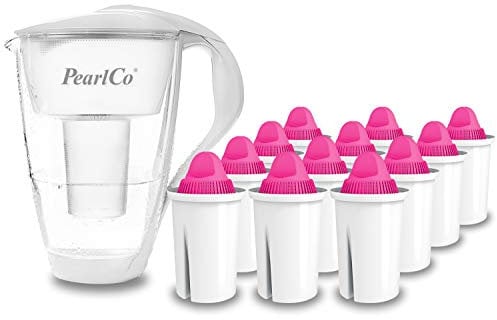 GLAS-Wasserfilter PearlCo (weiß) mit 12 Magnesium classic Filterkartuschen - Made in EU