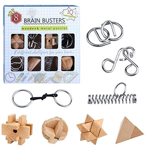 Yideng Brain Teasers Metal Puzzle & Wooden Puzzle Set IQ Test Mind Game Toys 3D Metal Wire Puzzles Magic Trick Educational Intelligence Puzzles Toy Jigsaw Puzzle for Kids Students Adults (8pcs)