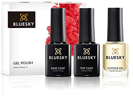 BLUESKY Gel Polish, Gel Nagellack Set, Top Coat, Base Coat and Cuticle Oil, 3 x 5 ml