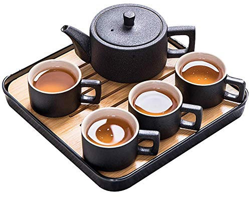 XINGYU Tee-Set, tragbar, Schwarz aus Keramik, Teeset im japanischen Stil, Teekanne mit vier Tassen und Transportbox, Schwarz, Einheitsgröße