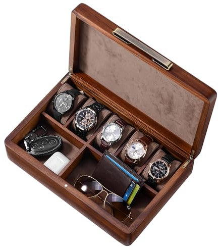 Shanik Uhrenbox für Herren, personalisierte Uhren-Aufbewahrungsbox mit 5 Fächern, bester Holz-Organizer für persönliche Gegenstände wie Handy, Airpods, börse
