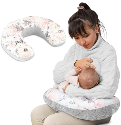 Totsy Baby Stillkissen klein Mond Minky 130 cm - Nursing und Breastfeeding Pillow Stillmond Stützkissen Stillhörnchen kleines Still Kissen und Lagerungskissen beim Stillen Oeko-Tex Wilde Rose Grau