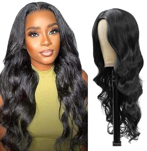 Lange schwarze Body Wave Perücken, schwarze lockige Perücken für Frauen synthetische hitzebeständige Faserperücke für den täglichen Gebrauch