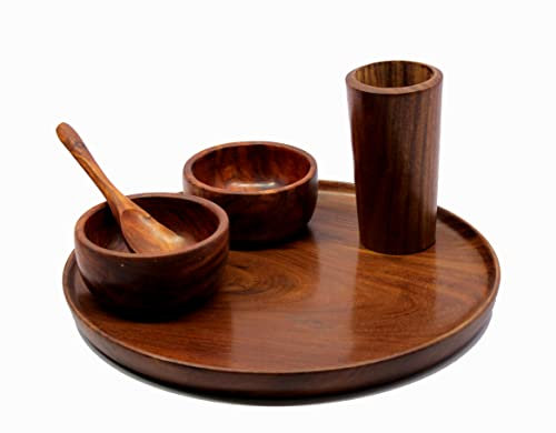 KLEO Set da pranzo in legno piatti decorativi da tavola Thali Set - Piatto in vetro 2 ciotole e cucchiaio - legno - diametro 12 pollici - marrone