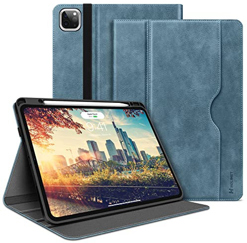 HOLIMET Hülle für iPad Pro 12.9 Zoll 2022/2021/2020/2018 (6./5./4./3. Generation) mit Stifthalter, PU Leder Folio Case Stoßfest mit Tasche und Auto Wake/Sleep Funktion, Multi-Winkel Ständer (Blau)