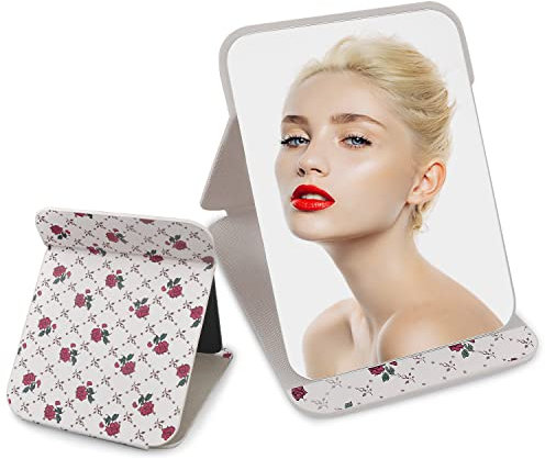 BULANGDE Espejo de Mesa PU Cuero, Espejo Plegable Viaje Portatil Mesa de Espejo Ajustable, Grande Espejo Maquillaje para Maquillaje y Afeitado para Acampar en Interiores 20.5 * 15.5cm (Beige)