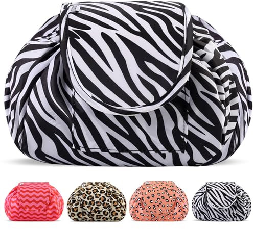 Lazy Drawstring Makeup Bags, Large Capacity Waterproof Travel Portable Cosmetic Bag Pouch Makeup Pouch Storage Organiser for Women Girl (Zebra)