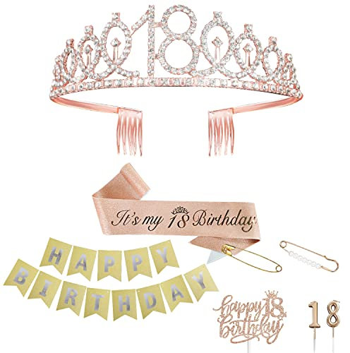 CoFashion Dekoration für Mädchen zum 18. Geburtstag, Krone/Diadem, Schärpe, Kuchenaufsatz und Kerzen, Geschenk zum 18. Geburtstag für Mädchen, süße Dekoration zum 18. Geburtstag