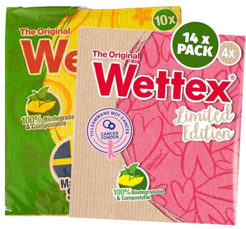Wettex The Original 14 Pack Swedish Dishcloth for Kitchen - Eco Friendly Sponge Cloth - Reusable Paper Towels - Dish Cloths for Washing Dishes - Pink Ribbon - Assorted Colors
