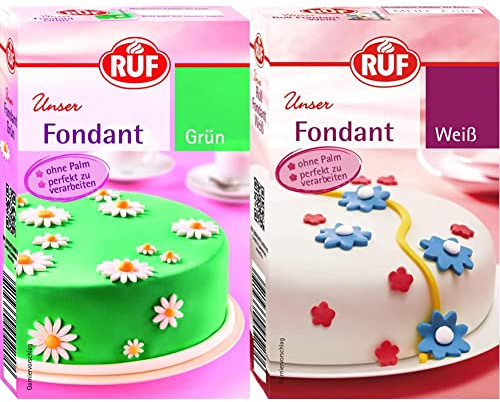 RUF Fondant grün, zum Formen von Figuren, Blumen und Buchstaben geeignet, Modellierfondant, Rollfondant, ohne Palmöl, glutenfrei und vegan, 250g & Fondant weiß, 250g (1er Pack)