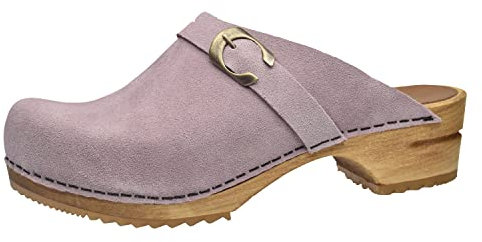 Sanita Hedi offener Clog, Wildleder | Original handgemacht | Leder-Holzclogs für Damen | Nachhaltige Sohle | Helllilla | 40 EU