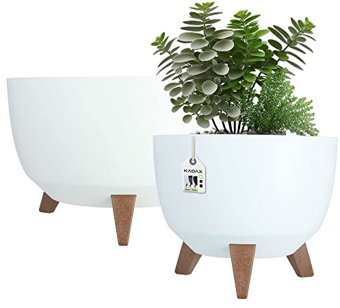 KADAX Blumentopf aus Kunststoff mit DREI Einsteckstützen, runde Blumenschale, Pflanzkübel, Blumenkübel, Pflanzschale für Balkon, Wohnzimmer (Set: 29cm ⌀ + 39,5cm ⌀, weiß)