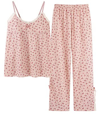 Damen-Schlafanzug-Set, Kurzer Pyjama Für Damen, Sexy, Atmungsaktiv, Zweiteilig, Niedlich, Rosa, Geblümt, Pyjama-Set, Spitze, Cami-Oberteil, Pyjamahose, Loungewear, Sommerkleidung Für Damen, Teena