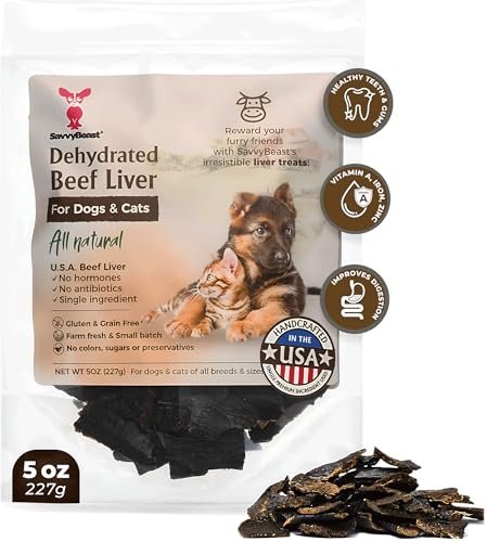 SavvyBeast Dehydrated Beef Liver Dog Treats – Gently Air Dried Raw Organ Meat – Healthy, All-Natural, Single Ingredient, Grain-Free Dry Jerky – Training Treats for Dogs & Cats – Made in USA – 5 oz